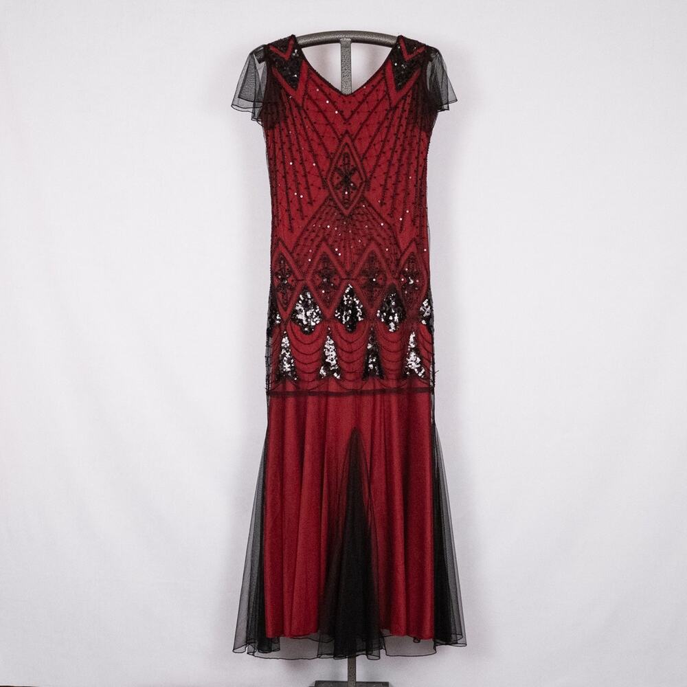 Whimsigoth Dark Fairy Maxi Dress MEDIUM Red Black Netting Beaded Sequins Sheer